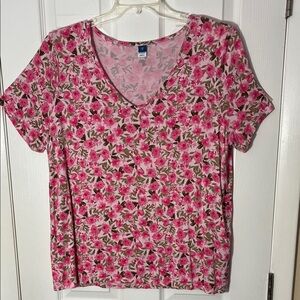 Old Navy Luxe women’s Short sleeve pink floral v neck t shirt soft rayon XL